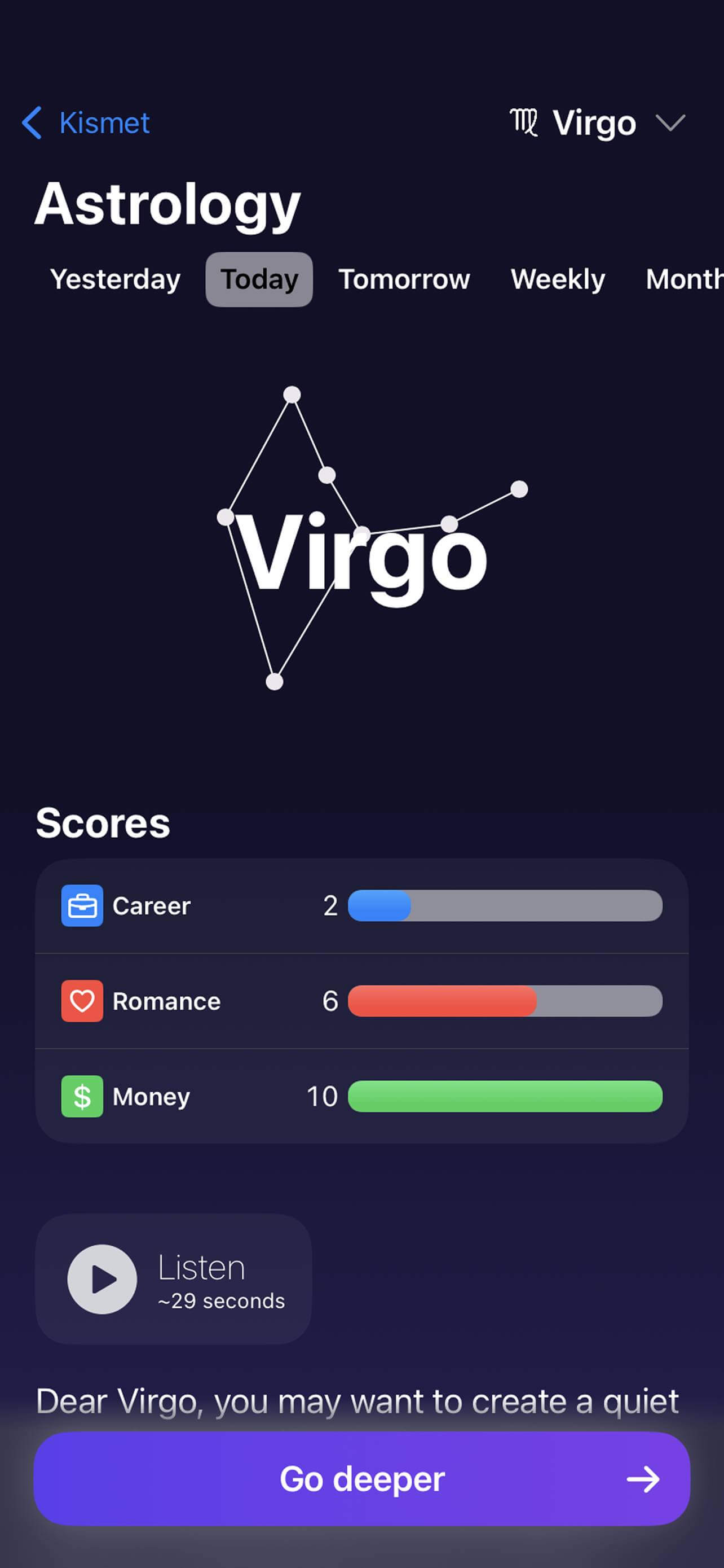 Kismet astrology screen